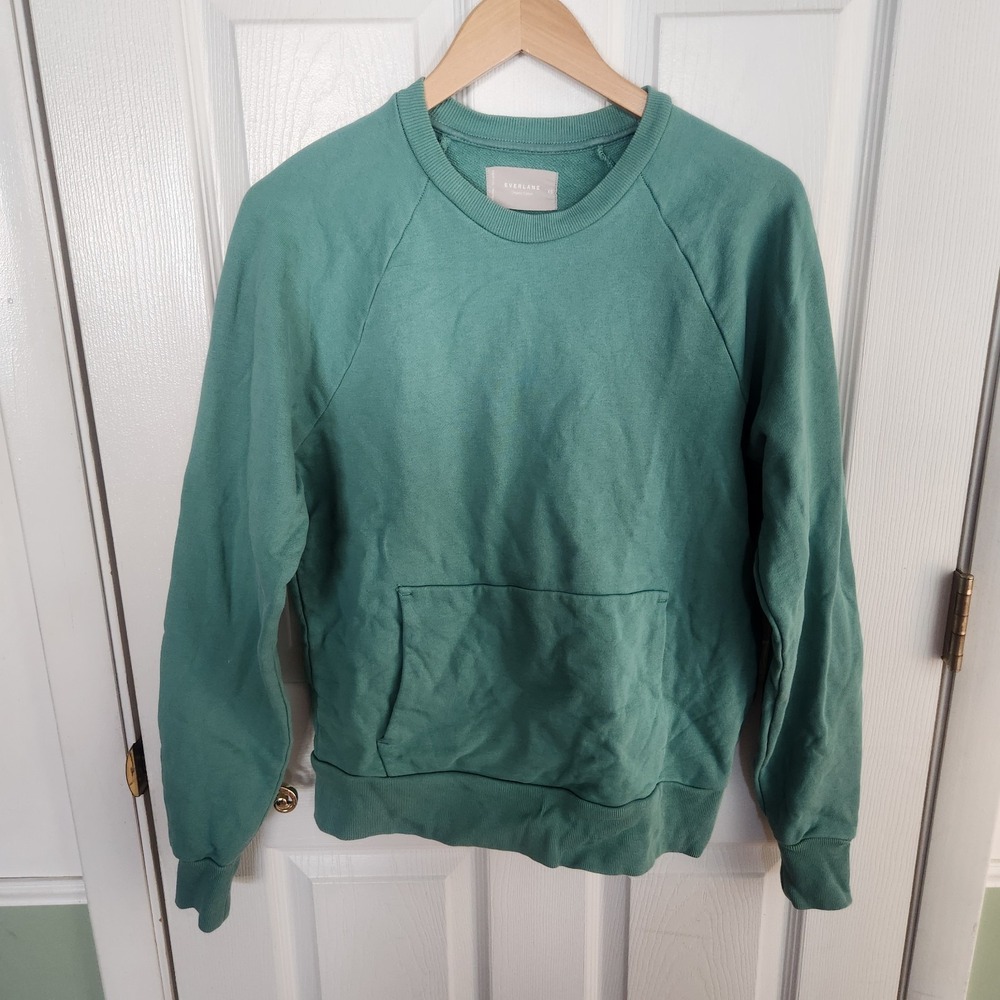 Everlane Organic Cotton Track Crewneck Sweatshirt Green XS Front Pocket Comfort
